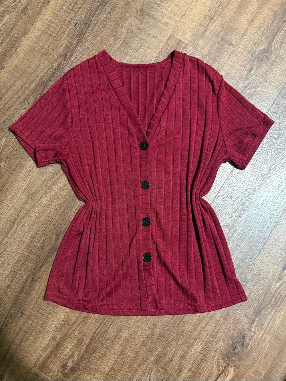 Ribbed Button-Front V-Neck Top - Burgundy